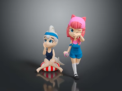 Cute Game and Movie Characters with White Hair Blue Swimsuit Pink Cat Ears Blue Shorts 3d model