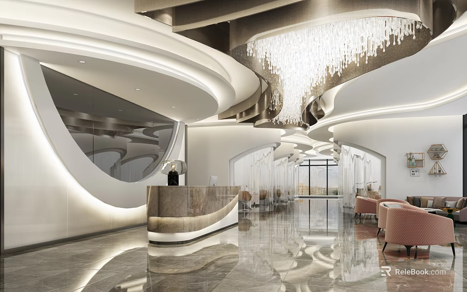 Luxurious Modern Store Front Desk With Curved Design And Crystal Chandelier 3d model 