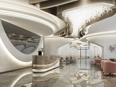 Luxurious Modern Store Front Desk With Curved Design And Crystal Chandelier 3d model
