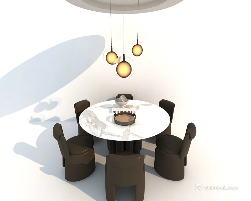 Modern Round Dining Table Set With Marble Top And Black Chairs Under Pendant Lights 3d model 