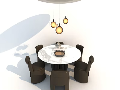 Modern Round Dining Table Set With Marble Top And Black Chairs Under Pendant Lights 3d model