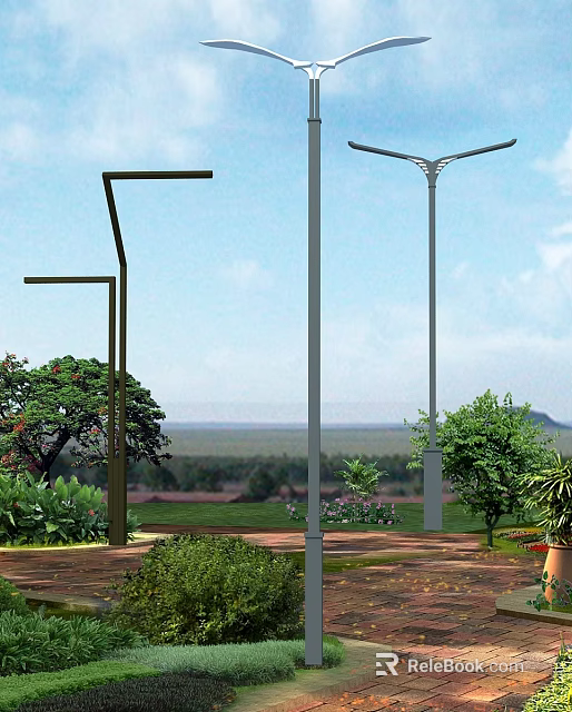 Outdoor Lights Installed in Garden With Green Landscape and Trees Under Blue Sky 3d model 