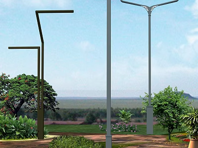 Outdoor Lights Installed in Garden With Green Landscape and Trees Under Blue Sky 3d model