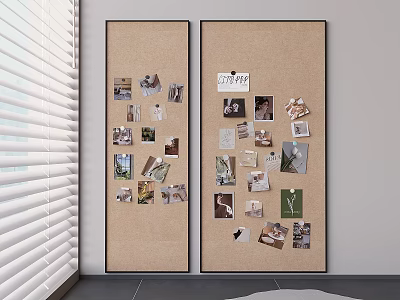 Two Large Corkboards With Photos And Notes On Wall Near Window Blinds 3d model