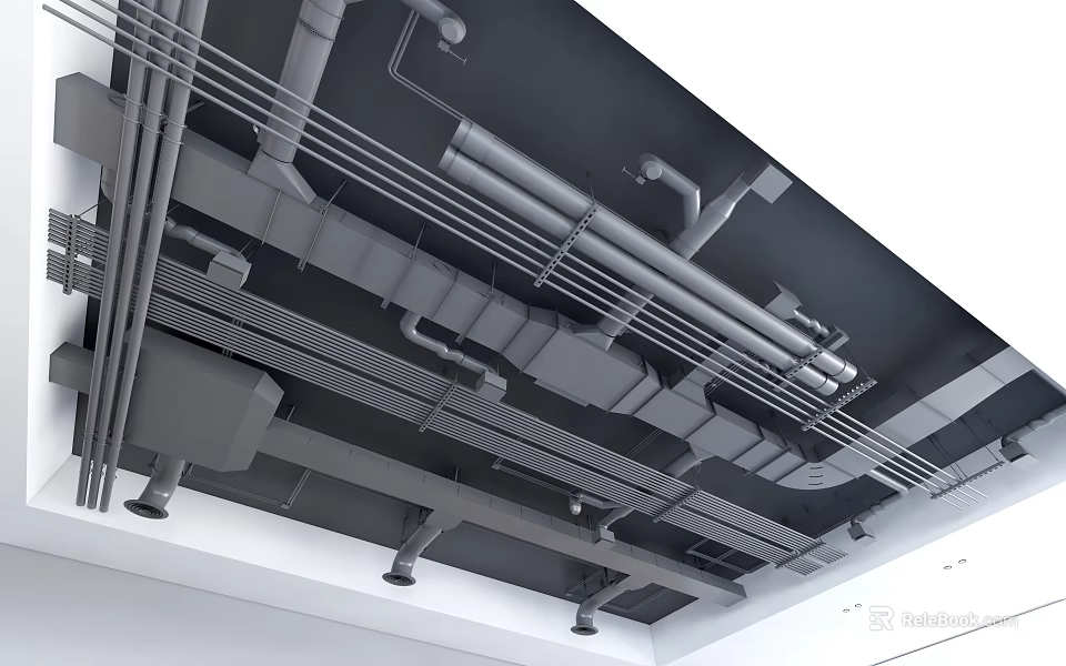 Industrial Ceiling Structure With Exposed Metal Pipes And Framework Design Elements 3d model 