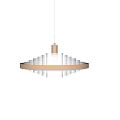 Gold And White Multi Layered Circular Chandelier Hanging Against Gray Background Illuminated