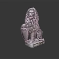Detailed Lion Statue With Curly Mane Holding Shield On Stone Pedestal