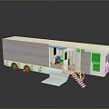 Large White Mobile Truck With Open Door Yellow Stairs And Interior Equipment