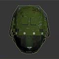 Futuristic Green Armored Helmet With Weathered Surface And Yellow Stripe Design