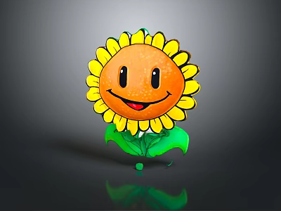 Cartoon Sunflower Plant with Yellow Petals Orange Center and Smiling Face and Green Leaves Design 3d model