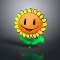 Cartoon Sunflower Plant with Yellow Petals Orange Center and Smiling Face and Green Leaves Design