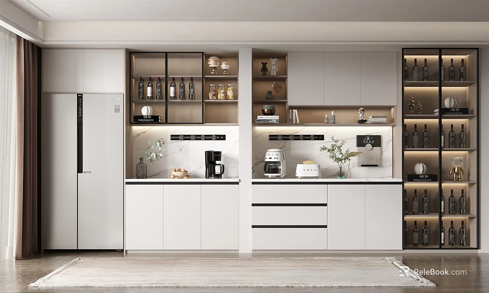 Modern Open Kitchen Wine Cabinet With Glass Doors And Wine Bottle 3d model 