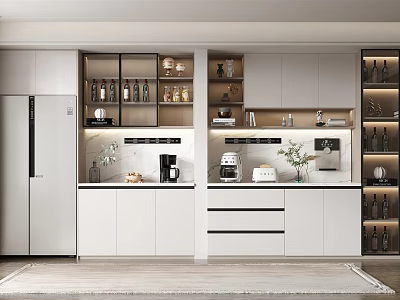 Modern Open Kitchen Wine Cabinet With Glass Doors And Wine Bottle 3d model