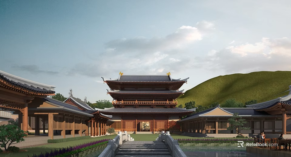 Traditional Chinese Ancient Architecture With Multi story Pavilion Classic Roof Stone Bridge And Scenic Courtyard 3d model 