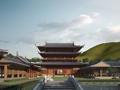 Traditional Chinese Ancient Architecture With Multi story Pavilion Classic Roof Stone Bridge And Scenic Courtyard 3d model