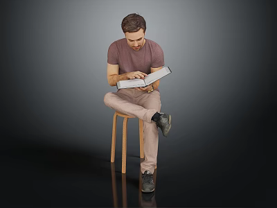 Man Sitting On Wooden Stool Reading Book In Purple T-Shirt And Khaki Pants 3d model