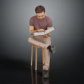 Man Sitting On Wooden Stool Reading Book In Purple T-Shirt And Khaki Pants