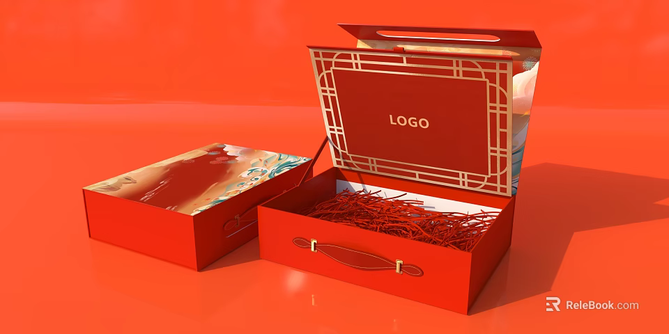 Open Red Gift Boxes With Logo Geometric Pattern Decoration And Red Shredded Filling 3d model 