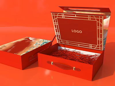 Open Red Gift Boxes With Logo Geometric Pattern Decoration And Red Shredded Filling 3d model