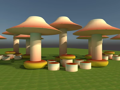 Colorful Mushroom Shaped Decorative Structures With Yellow And White Bases On Green Grass 3d model