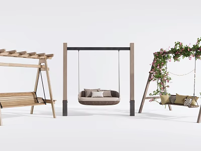 Outdoor Playground Equipment Featuring Various Swings with Wooden Structures Cushioned Seats and Pergola with Vines 3d model