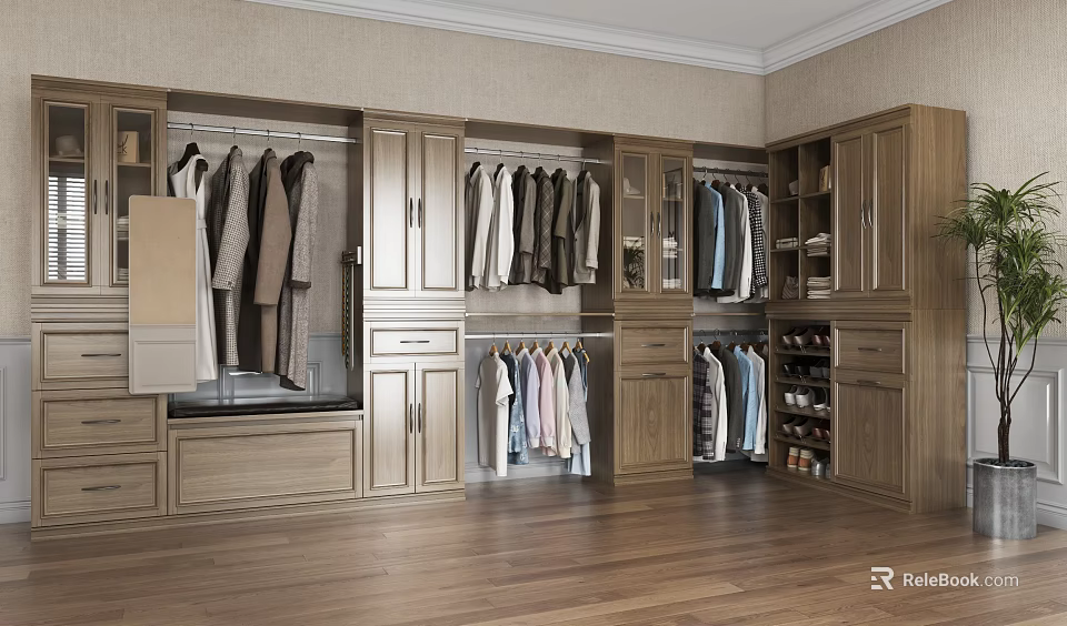 Modern Wooden Closet Interior with Hanging Rods Drawers Shelves and Shoe Storage 3d model 