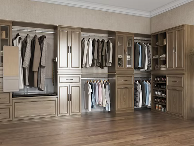 Modern Wooden Closet Interior with Hanging Rods Drawers Shelves and Shoe Storage 3d model