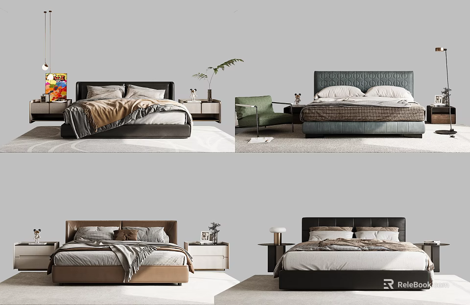 Modern Double Bed Interior Design With Bedside Tables And Linen Bedding 3d model