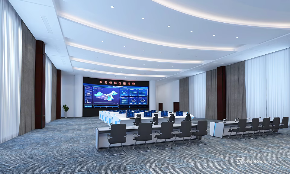 Modern Monitoring Room Interior With Large Screen Surveillance Displays Control Consoles Office Chairs And Equipment 3d model 