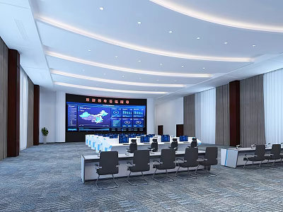 Modern Monitoring Room Interior With Large Screen Surveillance Displays Control Consoles Office Chairs And Equipment 3d model