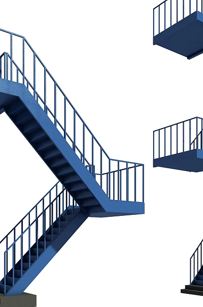 Blue Metal Staircase With Handrails Landing Platforms Modern Design Double Angle 3d model
