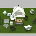 White Outdoor Camping Tent With Foldable Chairs Tables And Storage Boxes On Green Grass