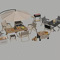 Functional Outdoor Table Setup With Umbrella Chairs Grill And Fruits Cart