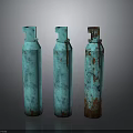 Three Blue Rusty Industrial Gas Cylinders Standing On Gray Studio Background