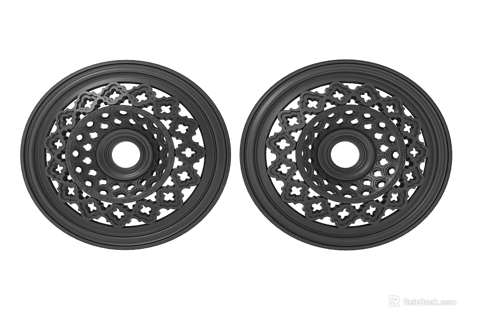Two Black Decorative Round Ceiling Light Panels With Intricate Hollow Star Patterns 3d model 