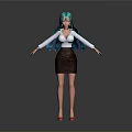 Woman Wearing White Shirt Brown Skirt Teal Long Hair Red High Heels Arms Outstretched