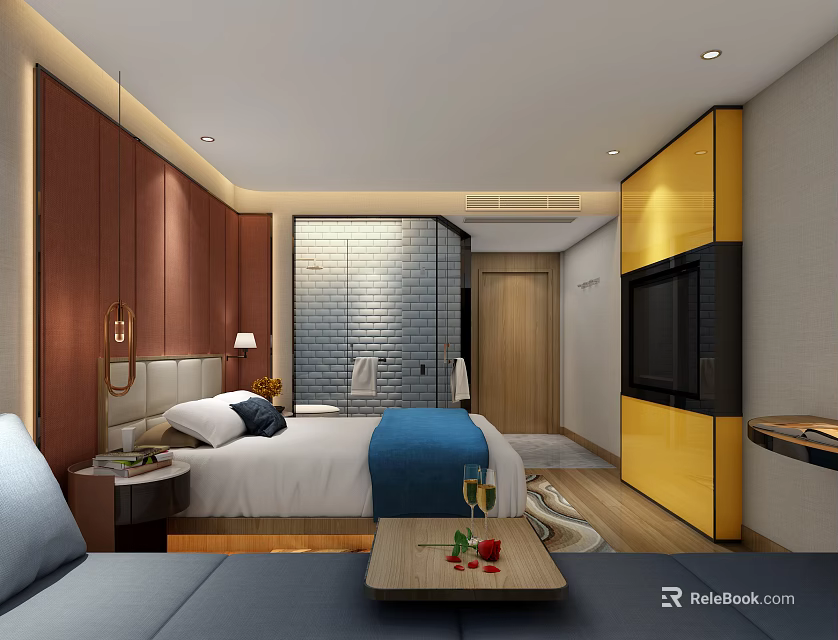 Modern Hotel Guest Room Interior With Bed Sofa TV And Decorative Wall 3d model 