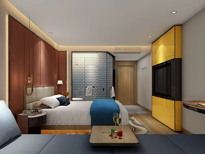 Modern Hotel Guest Room Interior With Bed Sofa TV And Decorative Wall 3d model