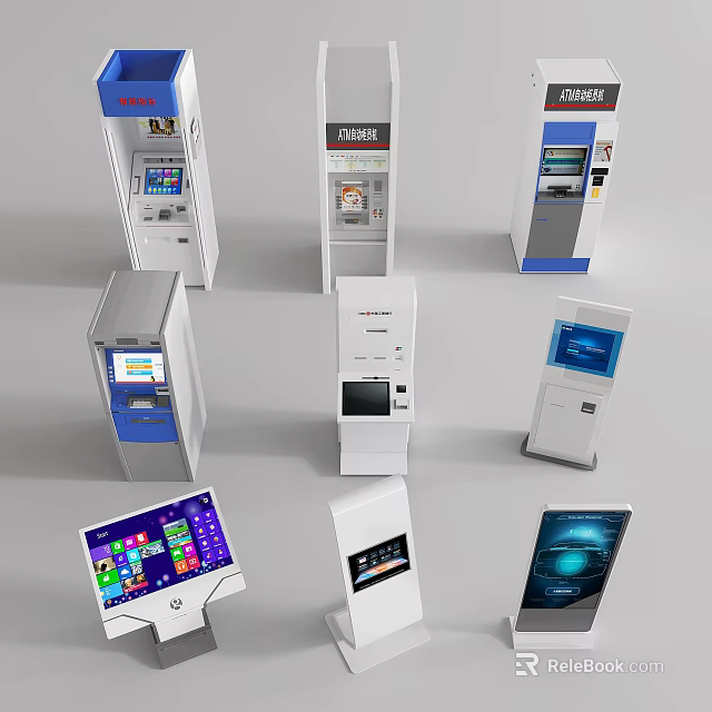 Modern Commercial Self Service Kiosks With Various Types Including ATM And Display Screens 3d model 