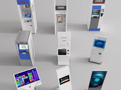 Modern Commercial Self Service Kiosks With Various Types Including ATM And Display Screens 3d model