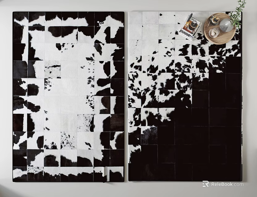 Black And White Cowhide Square Rugs With Patchwork Design For Home Decor 3d model 