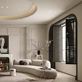 Elegant Cream Tone Living Room Interior With Circular Ceiling Fireplace And Soft Curved Sofa