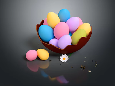 Colorful Easter Eggs Decorative Ornament Set With Bowl Scattered Outside White Flower And Small Debris 3d model