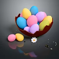 Colorful Easter Eggs Decorative Ornament Set With Bowl Scattered Outside White Flower And Small Debris