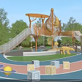 Outdoor Wooden Playground Equipment With Slide Climbing Net Alphabet Blocks Animal Figures And Green Trees