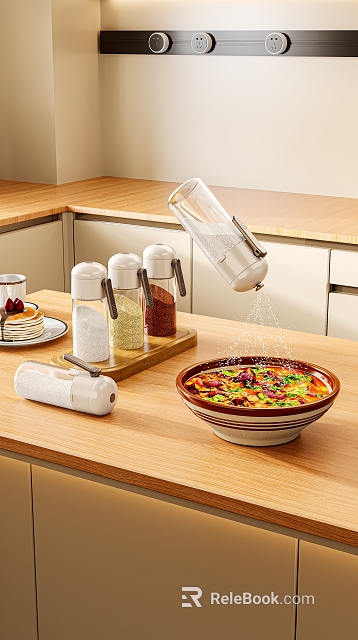 Kitchen Spice Jars Seasoning Food On Wooden Countertop 3d model 