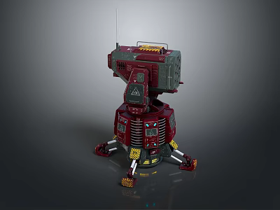 Advanced Mechanical Weapon Turret With Red Gray Yellow Design Antenna Sensor Panels And Support Legs 3d model