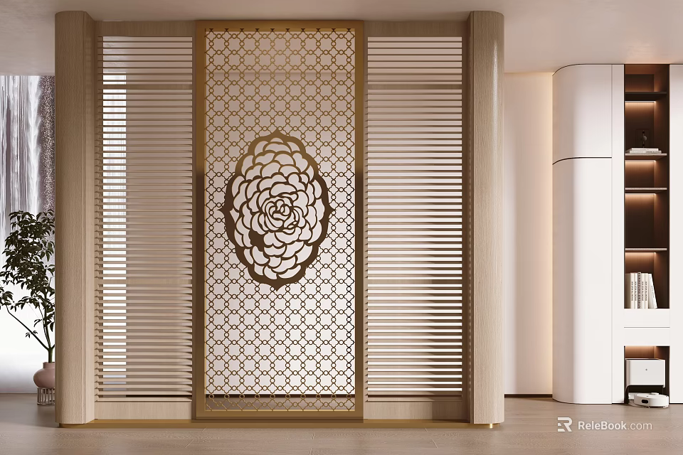 Elegant Entryway Hallway With Golden Carved Screen And Floral Pattern Design 3d model 