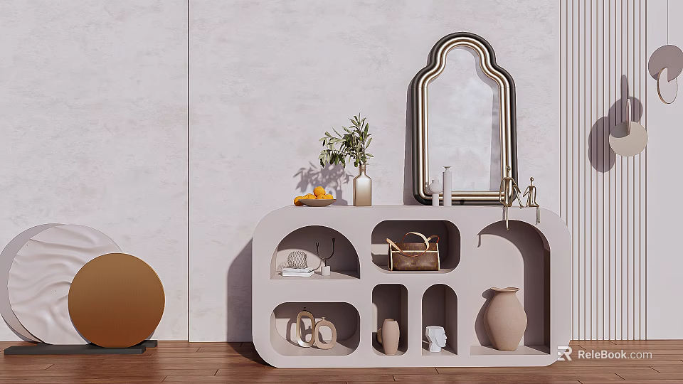 Modern Entryway Console Cabinet Sideboard With Arched Mirror Plant Vase And Storage Shelves 3d model 