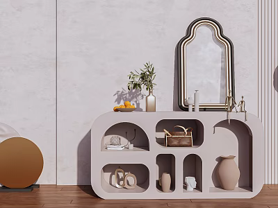 Modern Entryway Console Cabinet Sideboard With Arched Mirror Plant Vase And Storage Shelves 3d model